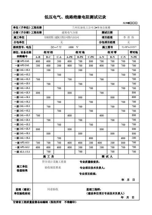低压电气、线路绝缘电阻测试记录