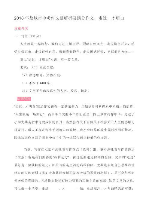 2018年盐城市中考作文题解析及满分作文：走过,才明白