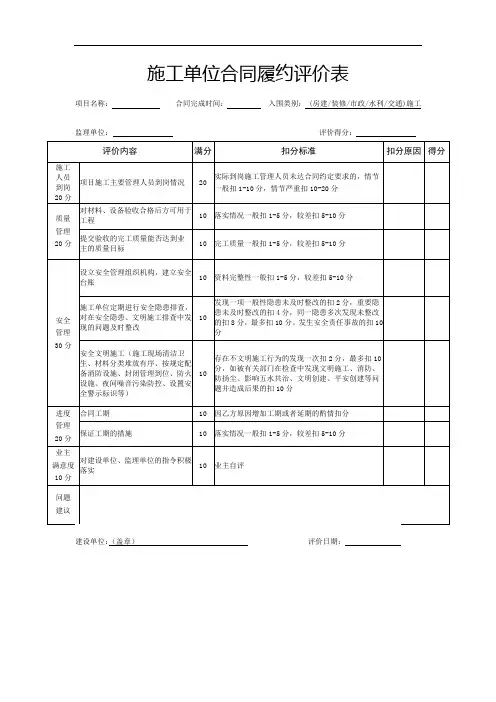 施工单位合同履约评价表