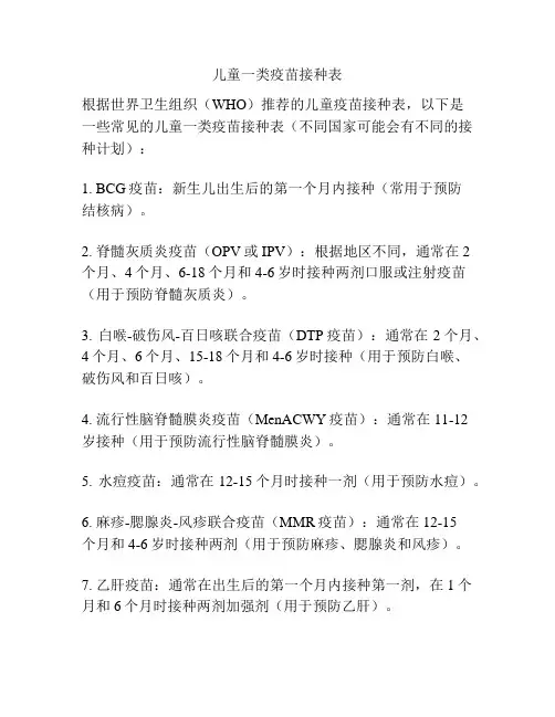 儿童一类疫苗接种表