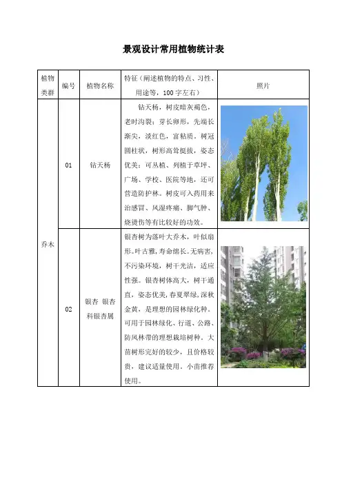 景观设计常用植物统计表