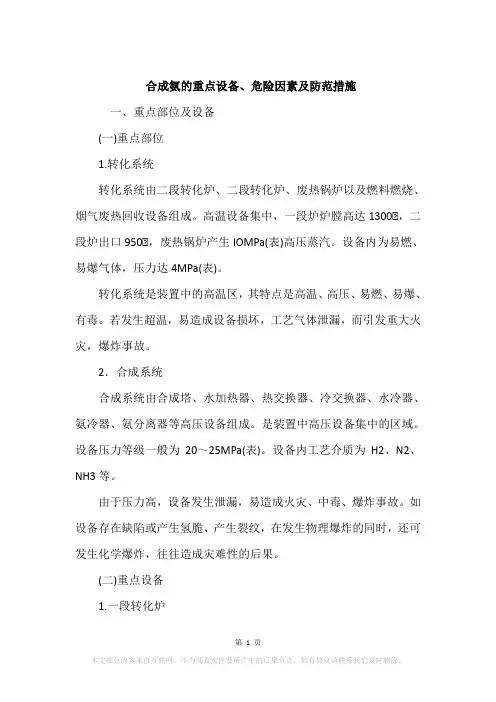 合成氨的重点设备、危险因素及防范措施