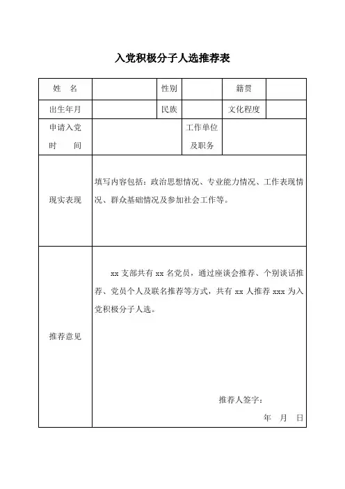推荐和确定入党积极分子相关表格及模板