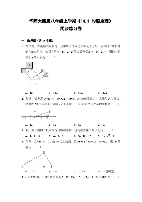 华师大版初中数学八年级上册《14.1 勾股定理》同步练习卷(含答案解析