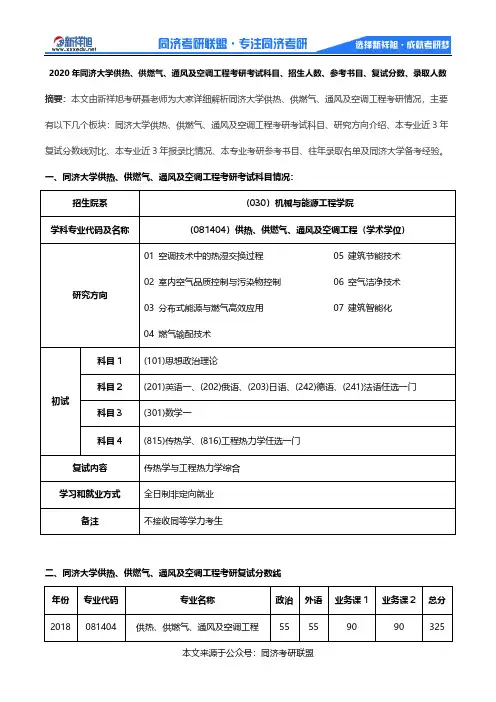 2020年同济大学供热、供燃气、通风及空调工程考研考试科目、招生人数、参考书目、复试分数、录取人数