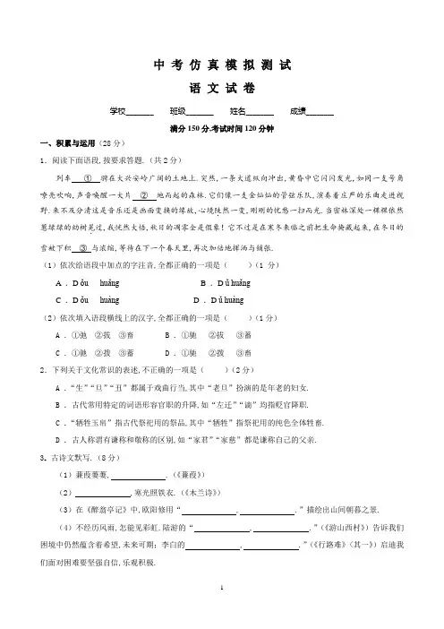 语文中考仿真模拟试卷(带答案解析)
