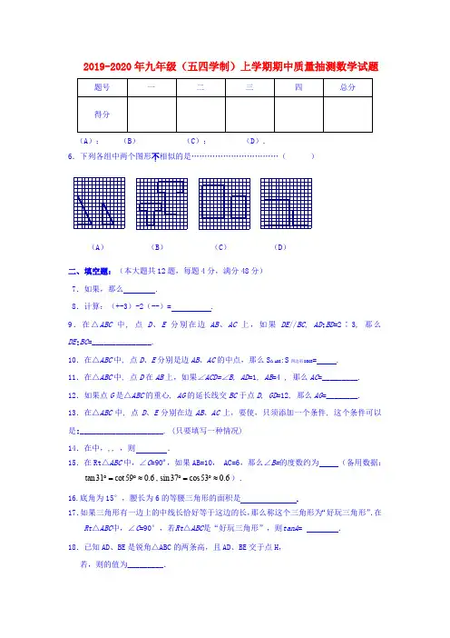 2019-2020年九年级(五四学制)上学期期中质量抽测数学试题
