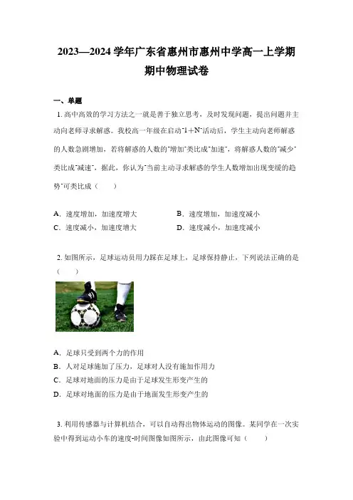 2023—2024学年广东省惠州市惠州中学高一上学期期中物理试卷