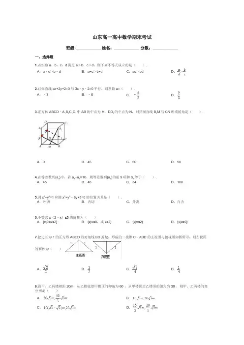 山东高一高中数学期末考试带答案解析
