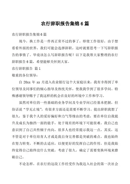 农行辞职报告集锦6篇