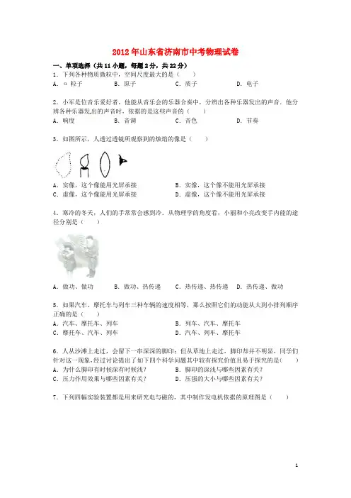 山东省济南市2012年中考物理试卷(带解析)