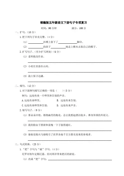 部编版五年级语文下册期末句子专项复习附答案