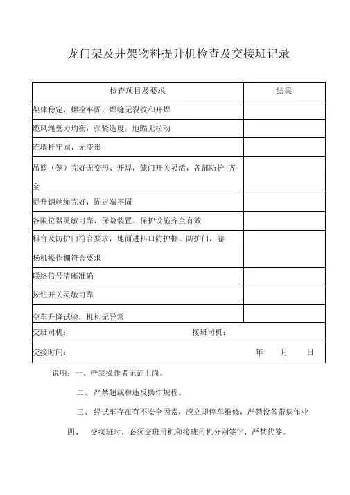 龙门架及井架物料提升机检查及交接班记录