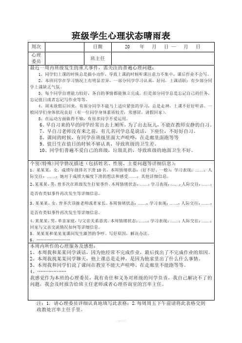 小学班级心理状态晴雨表填写模板