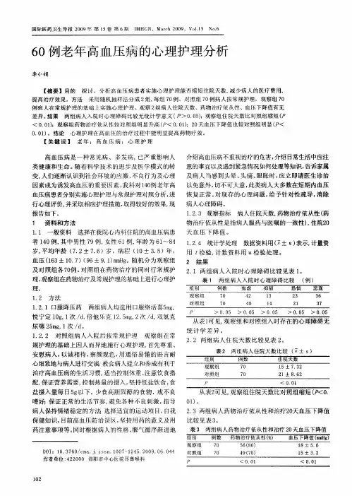 60例老年高血压病的心理护理分析