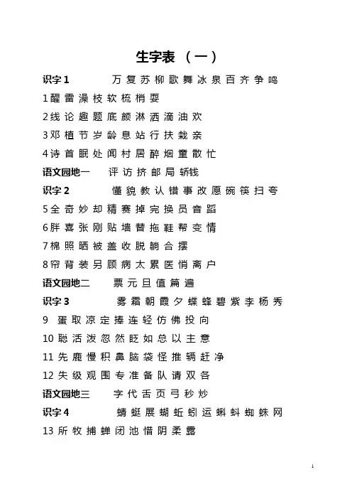 人教版一年级下册语文生字表整理