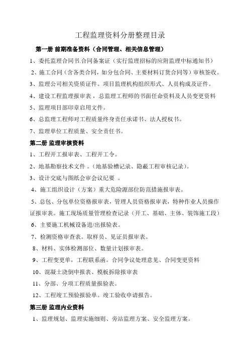 工程监理资料分册整理目录