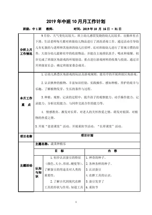 2019年幼儿园中班10月月工作计划(附主题网络图)