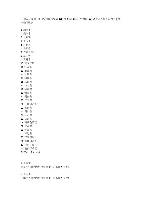 中国各县市国内主要城市经纬度表