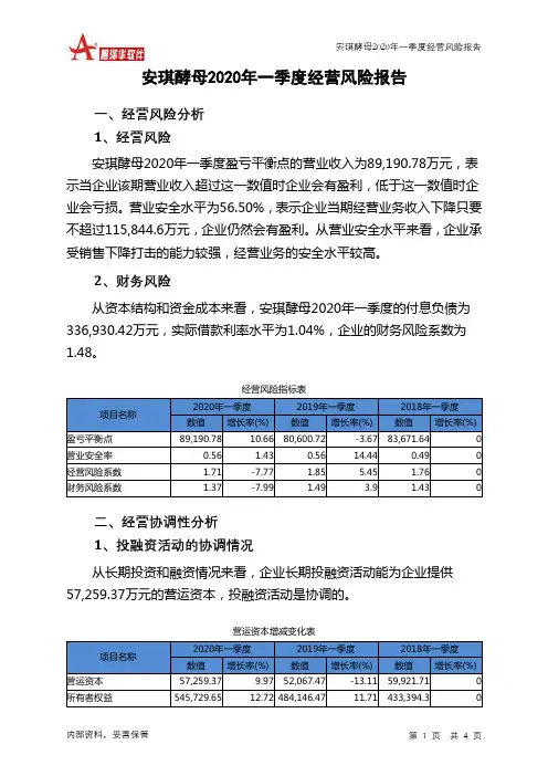 安琪酵母2020年一季度经营风险报告