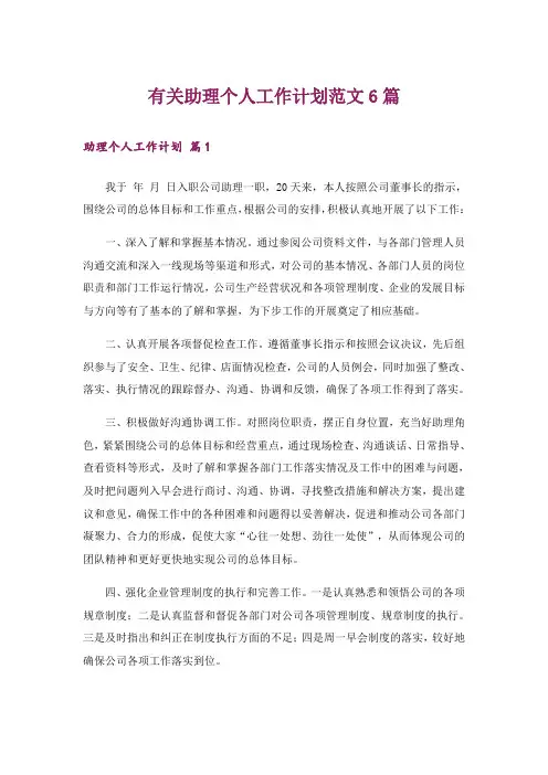 有关助理个人工作计划范文6篇