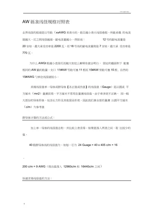 AWG标准线径规格对照表