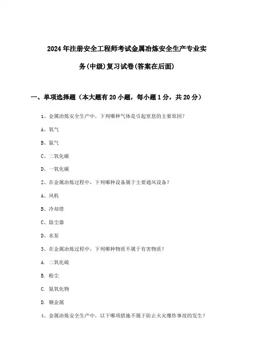 2024年注册安全工程师考试金属冶炼(中级)安全生产专业实务试卷及答案指导