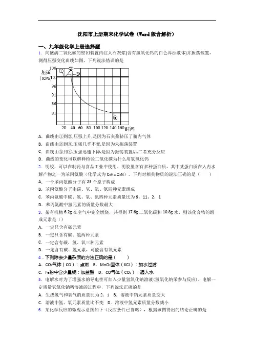 沈阳市初三化学上册期末化学试卷(Word版含解析)