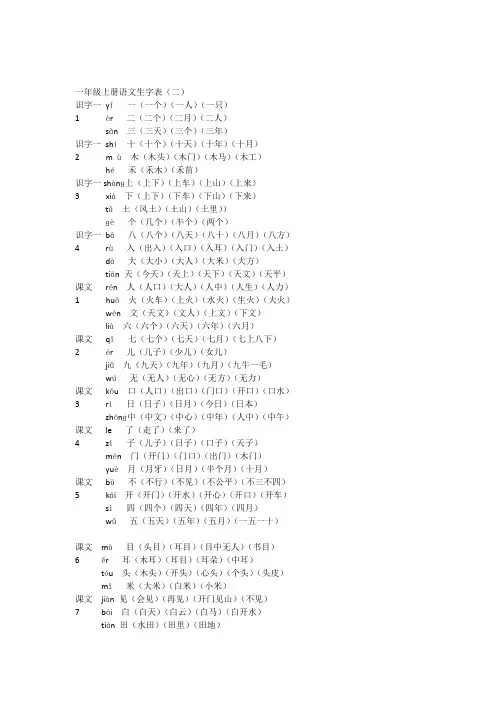 人教版一年级上册语文生字表二带拼音生字及组词(双色)