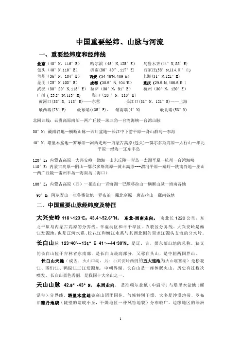 中国重要经纬山脉与河流