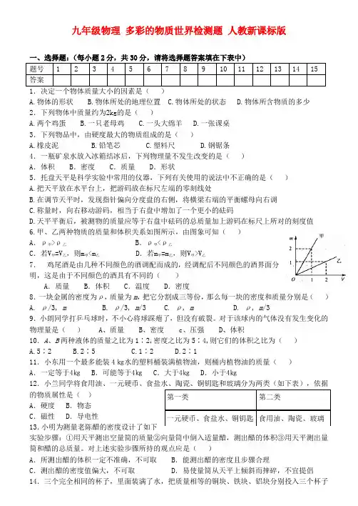 九年级物理 多彩的物质世界检测题 人教新课标版