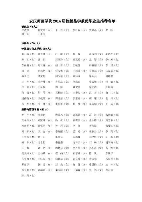 安庆师范学院2014届校级品学兼优毕业生推荐名单