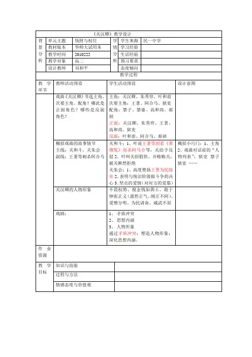 2.2.05高二第一册课堂教学设计简表《关汉卿》