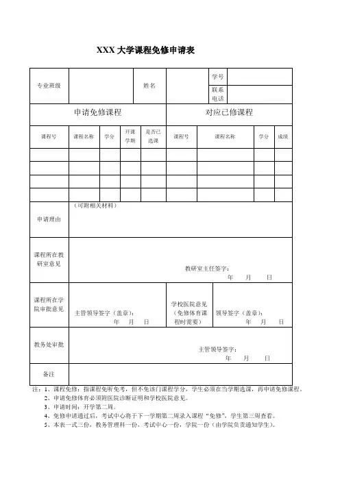 大学课程免修申请表