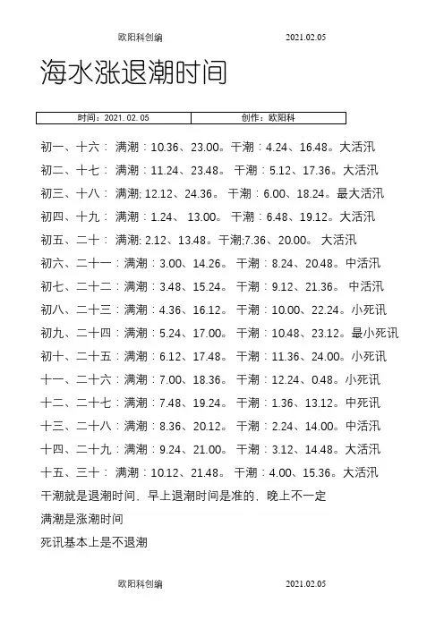 海水退潮涨潮时间-大海什么时候退潮涨潮之欧阳科创编