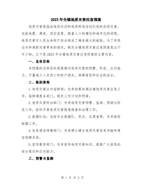 2023年全镇地质灾害应急预案