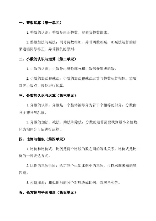 六年级上册数学1-8单元知识点