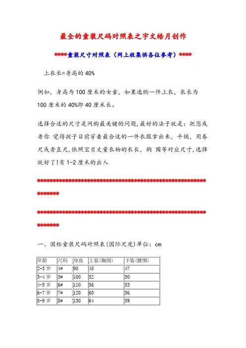 最全的童装尺码对照表-儿童童装尺码对照表