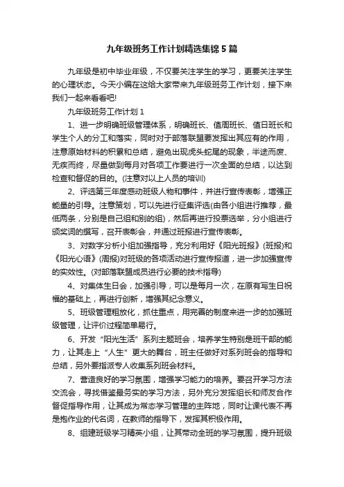九年级班务工作计划精选集锦5篇