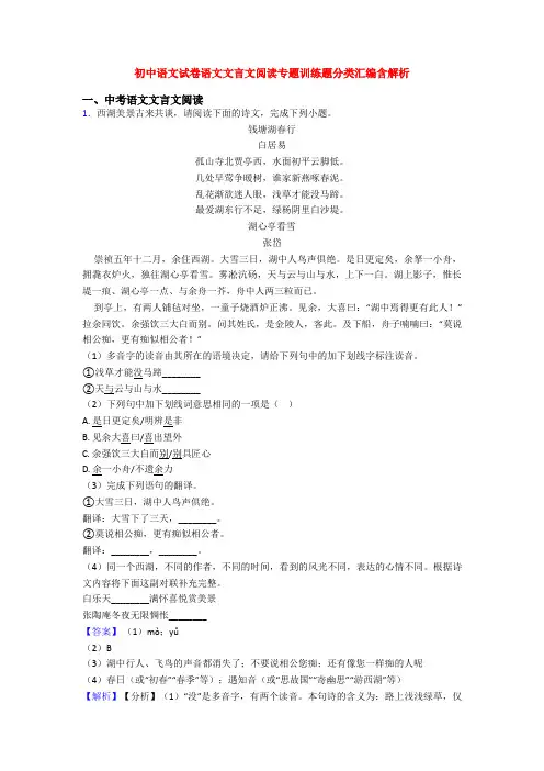 初中语文试卷语文文言文阅读专题训练题分类汇编含解析