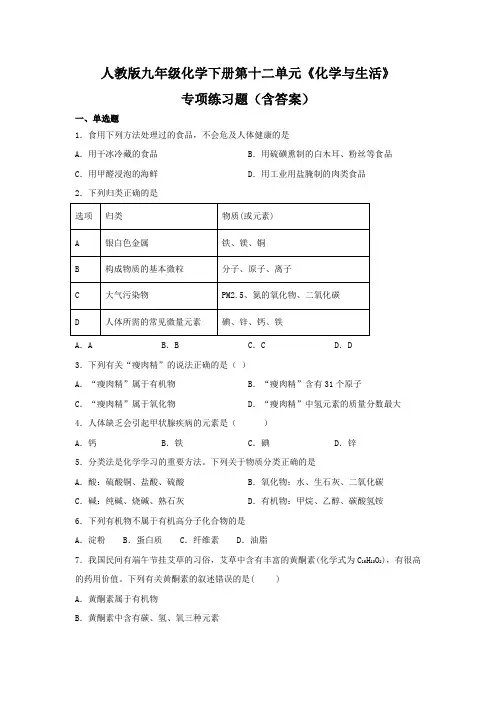 人教版九年级化学下册第十二单元《化学与生活》专项练习题(含答案)