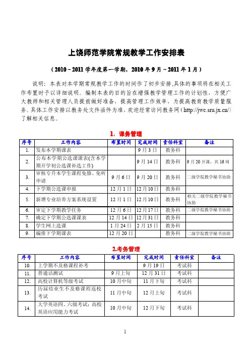 上饶师范学院日常教学管理工作安排表-上饶师范学院常规教学工作安...