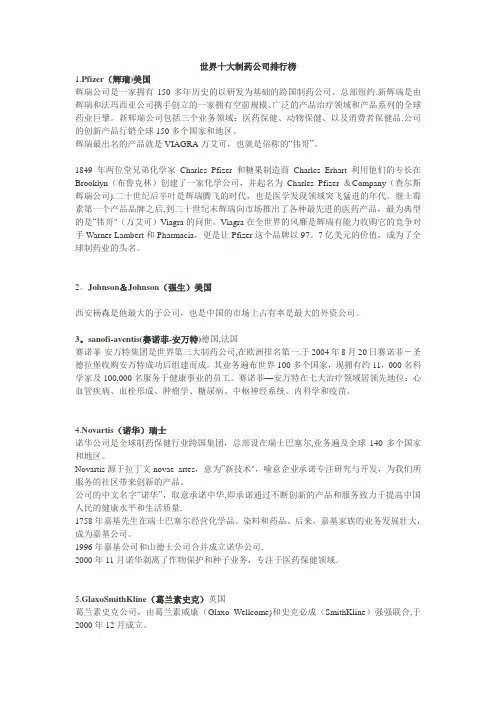 世界十大制药公司排行榜