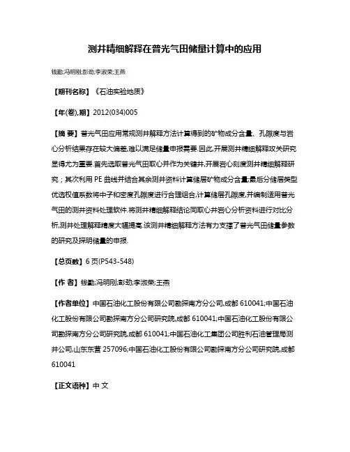 测井精细解释在普光气田储量计算中的应用
