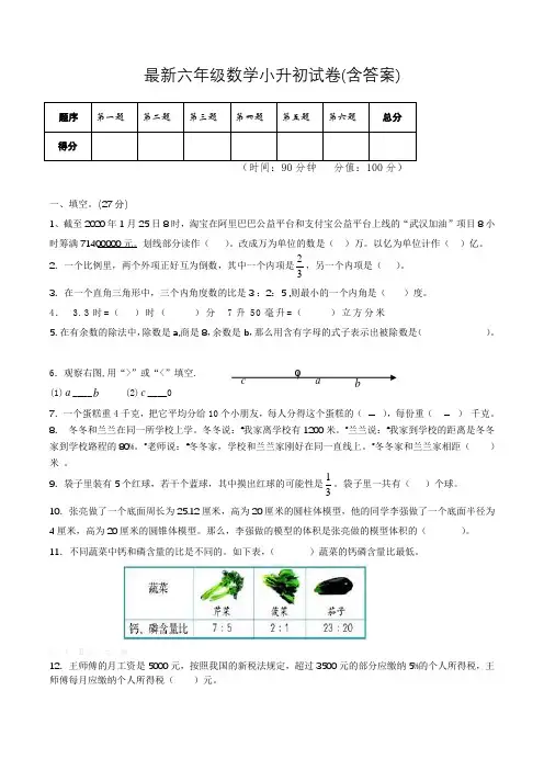 2020小升初数学试卷  人教版(含答案)-2020小升初小升初数学