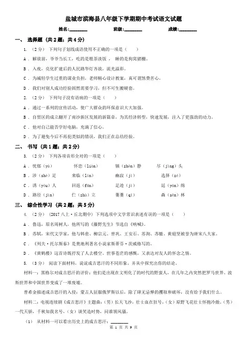 盐城市滨海县八年级下学期期中考试语文试题