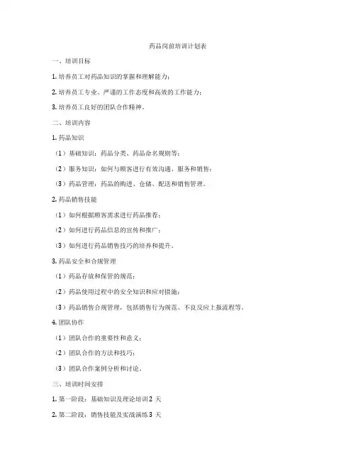 药品岗前培训计划表