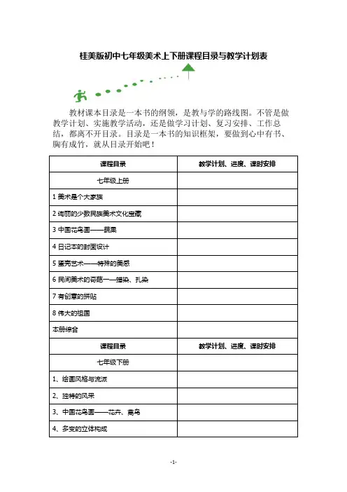 桂美版初中七年级美术上下册课程目录与教学计划表