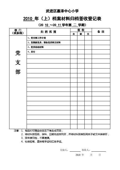 档案材料归档签收登记表(上半年)