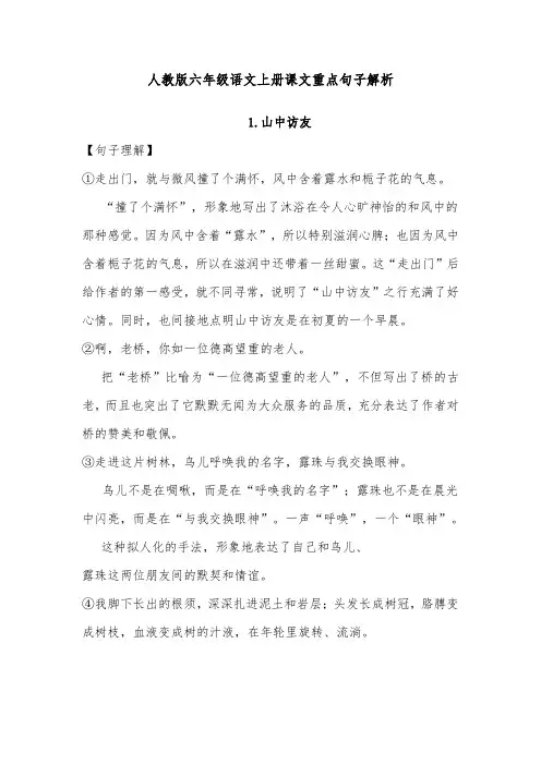 人教版六年级语文上册课文重点句子解析
